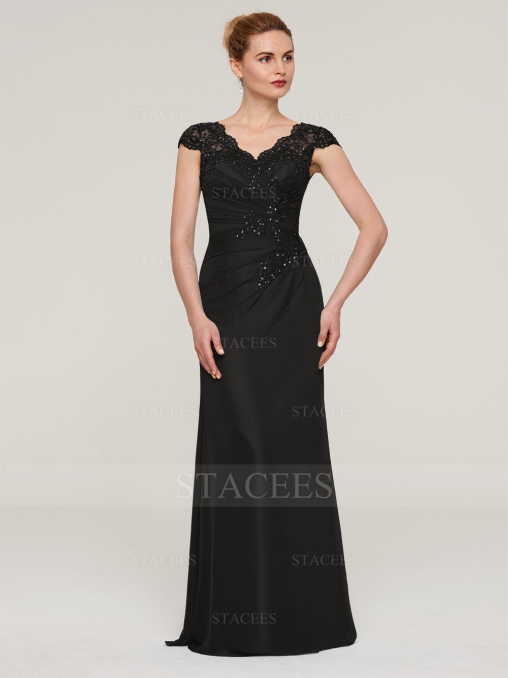 Stacees Black Lace Cap-Sleeve Backless Evening Dress